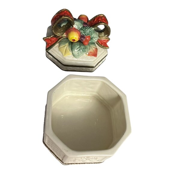 Fitz and Floyd Father Noel Octagon Lidded Box, Fruit & Ribbon Top, 1990s - Picture 5 of 7